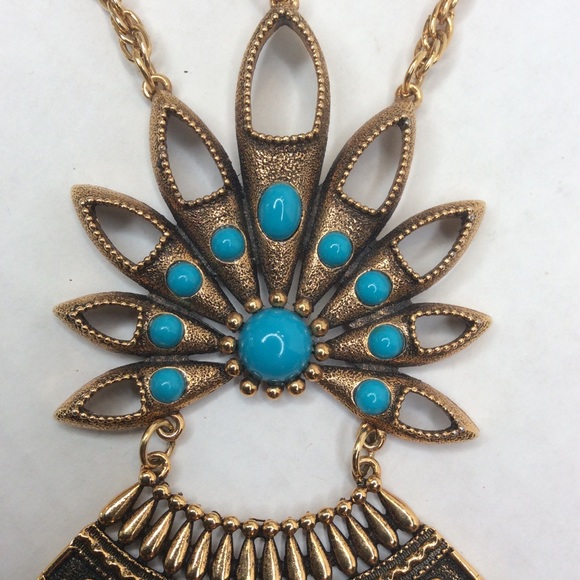 Vintage Faux Turquoise & Gold Plated Necklace Squash Blossom Style 70 s Vintage - Picture 9 of 13